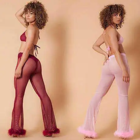 

2019 Sexy Women Sheer Mesh Wide Leg Pants See Through Transparent Faux Fur Trim Pants High Waist Full Night Club Wear Trousers