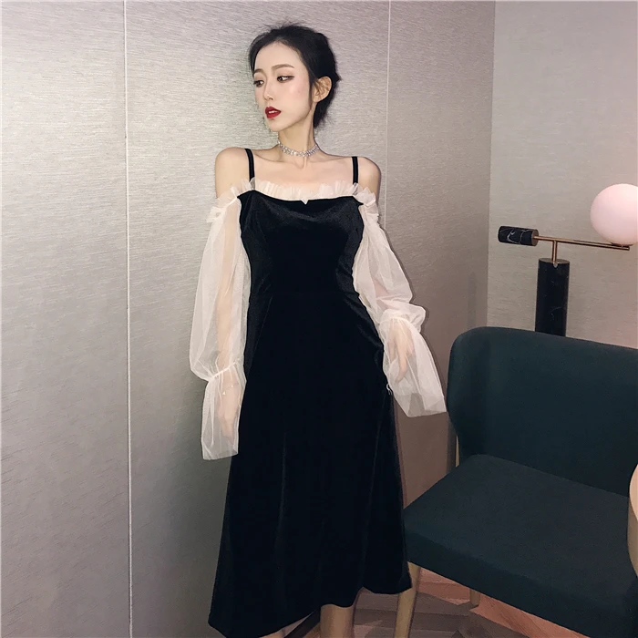 

Recommend! Princess Fancy Black Dress with Mesh Lantern Sleeve Patchwork Ruffles Off Shoulder Robe Vestido Fiesta Vestiti Donna