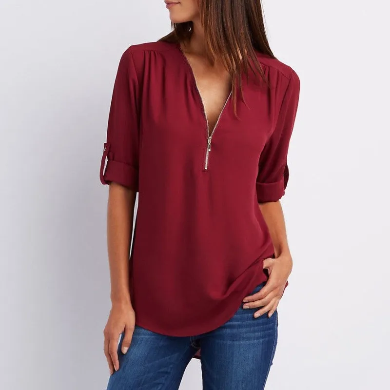 hot-sale-2018-Women-Chiffon-Blouse-Blusas-Tops-Large-Size-Roll-Up-Sleeve-SEXY-v-neck (3)