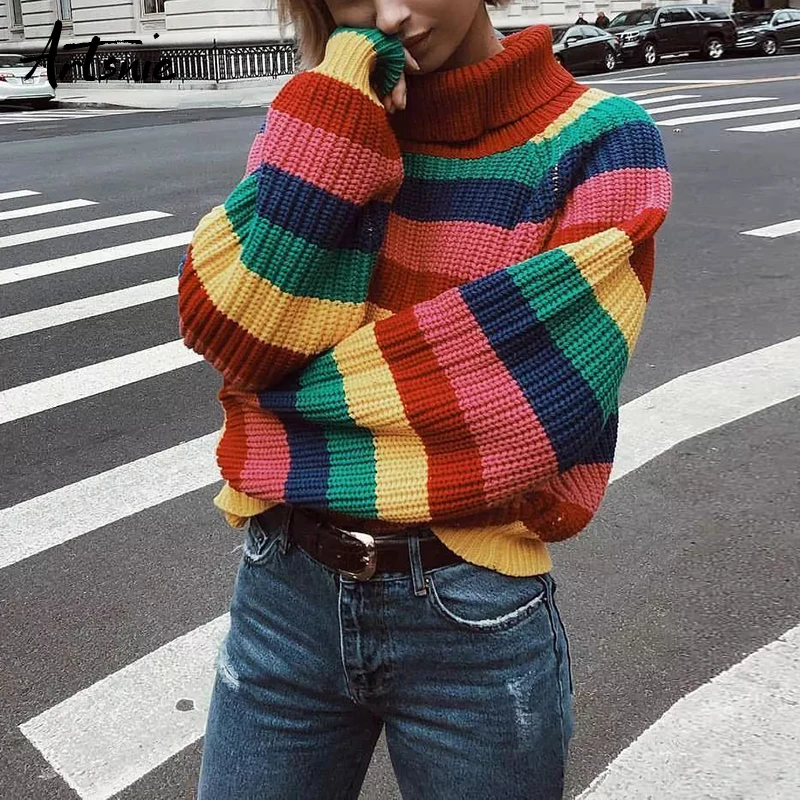 Artsnie Rainbow Striped Turtleneck Winter Knitted Pullovers Women Lantern Sleeve Thick Warm Girls Casual Sweaters Autumn Jumper
Artsnie Rainbow Striped Turtleneck Winter Knitted Pullovers Women Lantern Sleeve Thick Warm Girls Casual Sweaters Autumn Jumper