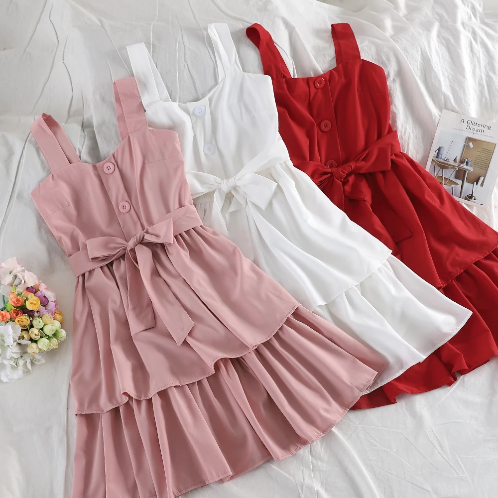 Women Summer Sleeveless Backless Sling Dress Sexy Double Layer Ruffles Cake Dresses low collar Belted Slim Beach dress
Women Summer Sleeveless Backless Sling Dress Sexy Double Layer Ruffles Cake Dresses low collar Belted Slim Beach dress