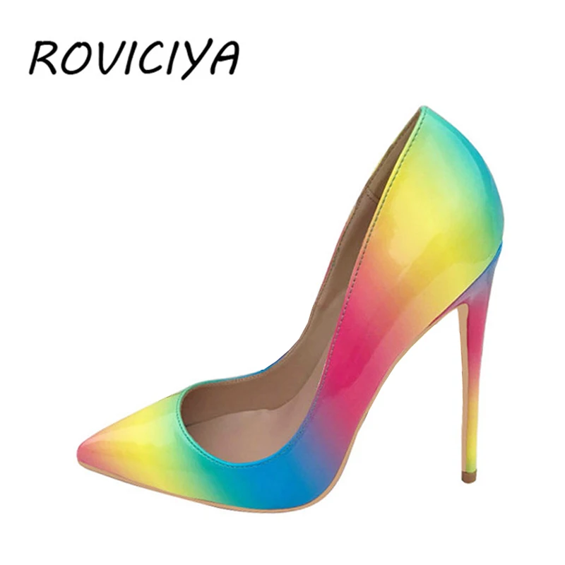 

Rainbow Printed Pumps For Women Pointed Toe 12 cm High Heel Stilettos Sexy Dress Shoes Slip-on Valentine Shoes QP011 ROVICIYA