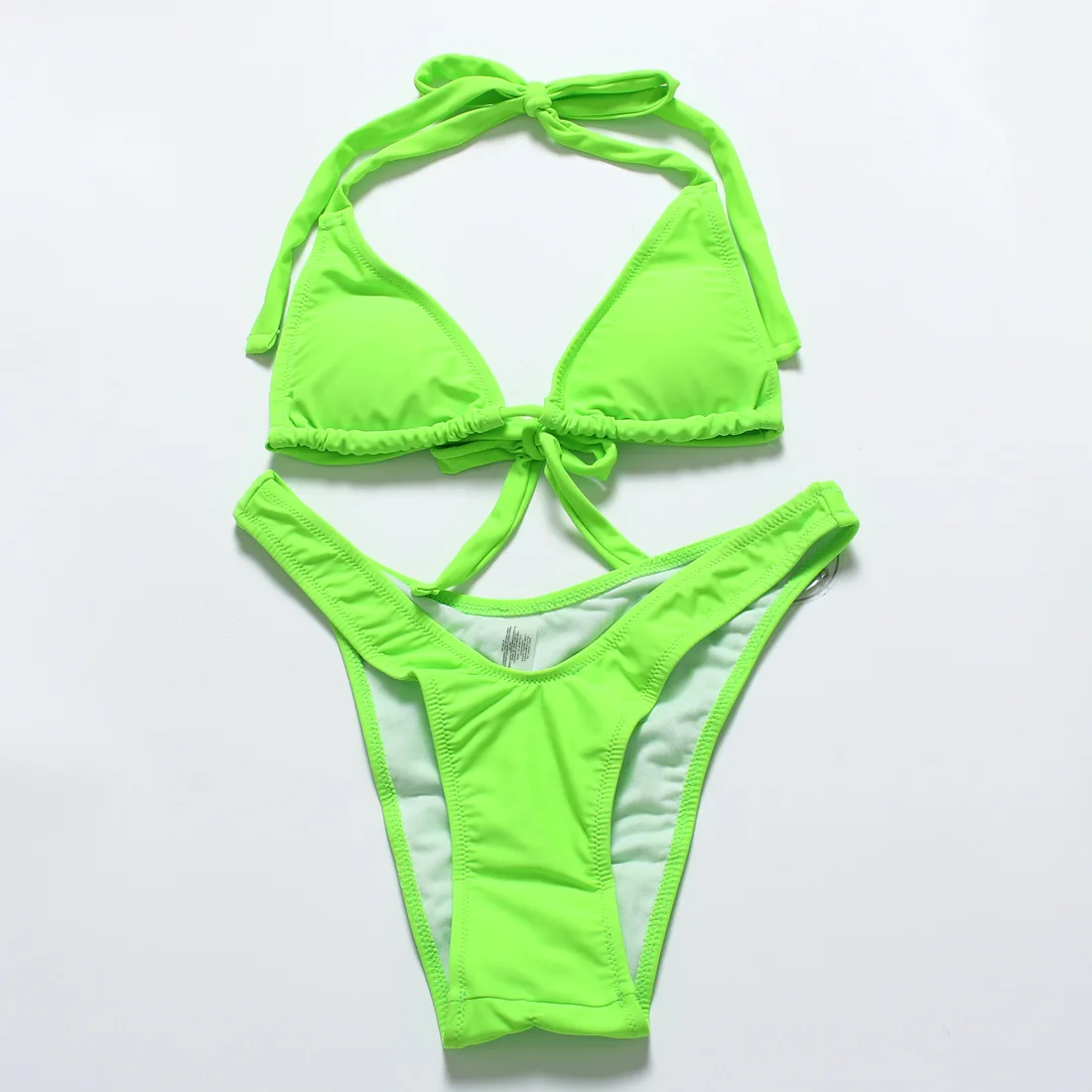 

Neon Lime Triangle Top With Tanga Bottoms Bikinis Set Women Green Bright Summer Spaghetti Strap Padded Swimwear