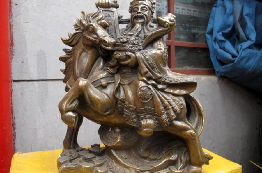 China Fengshui old Bronze treasure bowl Wealth God On Horse Mammon Buddha statue | Дом и сад