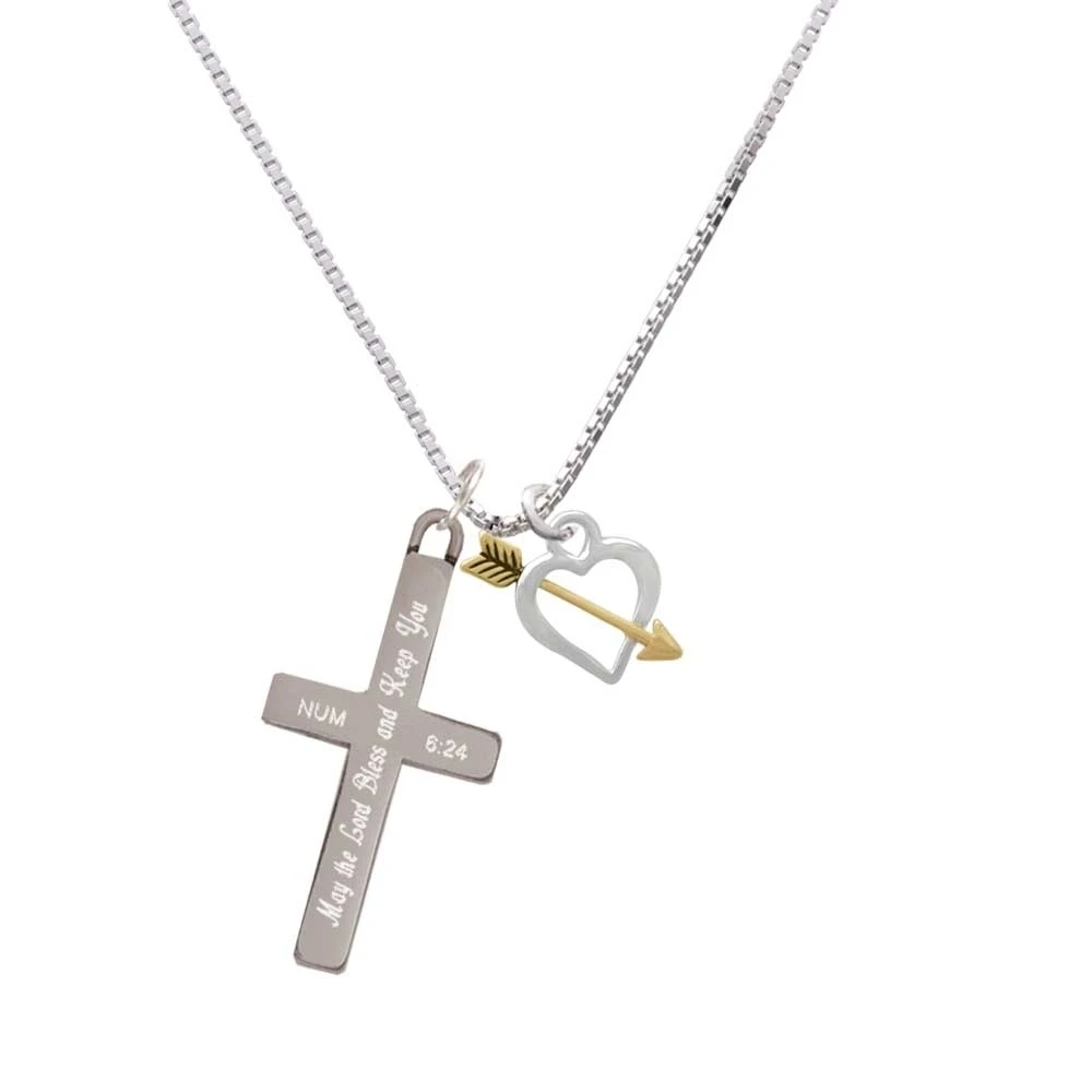 Open Heart with Gold Tone Arrow - Bless and Keep You - Cross Necklace