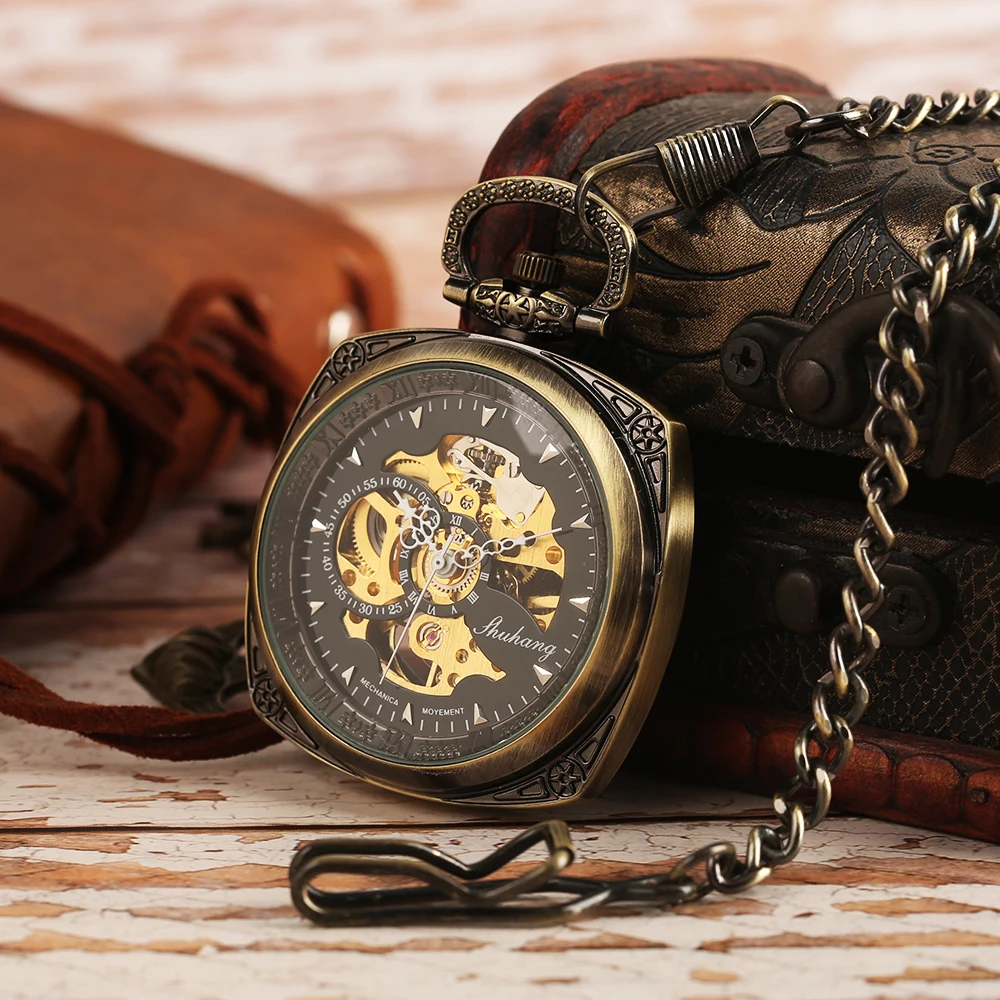 2018 New Arrival Steampunk Skeleton Open Face Hand Wingding Mechanical Pocket Watch Men Women Antique Square Case Creative Watch (11)