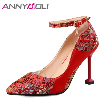 ANNYMOLI Women Shoes High Heels Wedding Shoes Bridal Embroider Crystal Spring Ankle Strap Shoes Red Pointed Toe Big Size 33-43
ANNYMOLI Women Shoes High Heels Wedding Shoes Bridal Embroider Crystal Spring Ankle Strap Shoes Red Pointed Toe Big Size 33-43