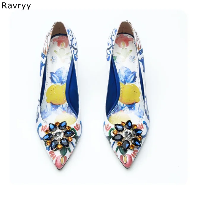 

Woman's high heels flower paint sexy pump Blue rhinestone female party dress shoe pointed toe slip-on stilettos single shoe