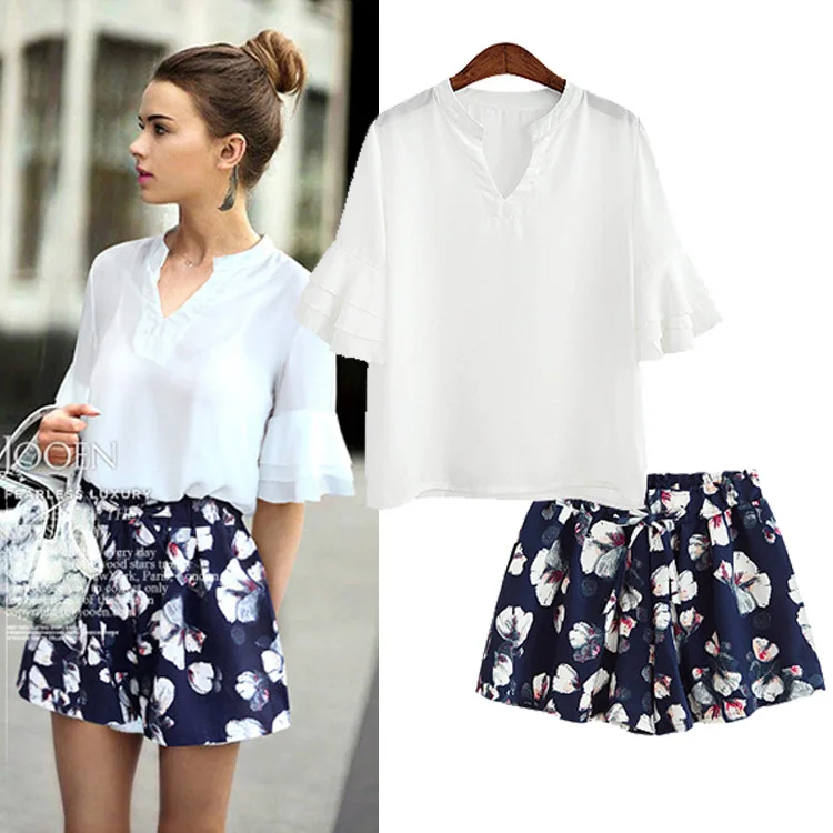 Women set short sleeve pullover chiffon tops + flower printing short pant casual two pieces set plus size
Women set short sleeve pullover chiffon tops + flower printing short pant casual two pieces set plus size