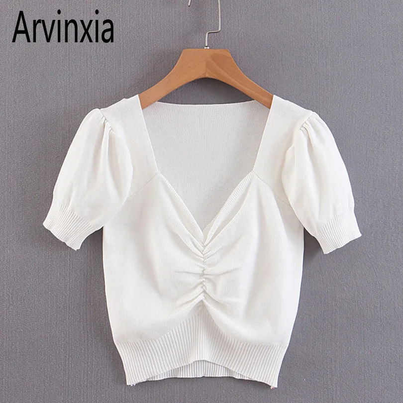Arvinxia ZA Chic Knitted Short Sleeves Solid Deep V Neck Woman Tshirts Sexy Fashion High Waist Korean Style Woman Vintage Tshirt
Arvinxia ZA Chic Knitted Short Sleeves Solid Deep V Neck Woman Tshirts Sexy Fashion High Waist Korean Style Woman Vintage Tshirt
