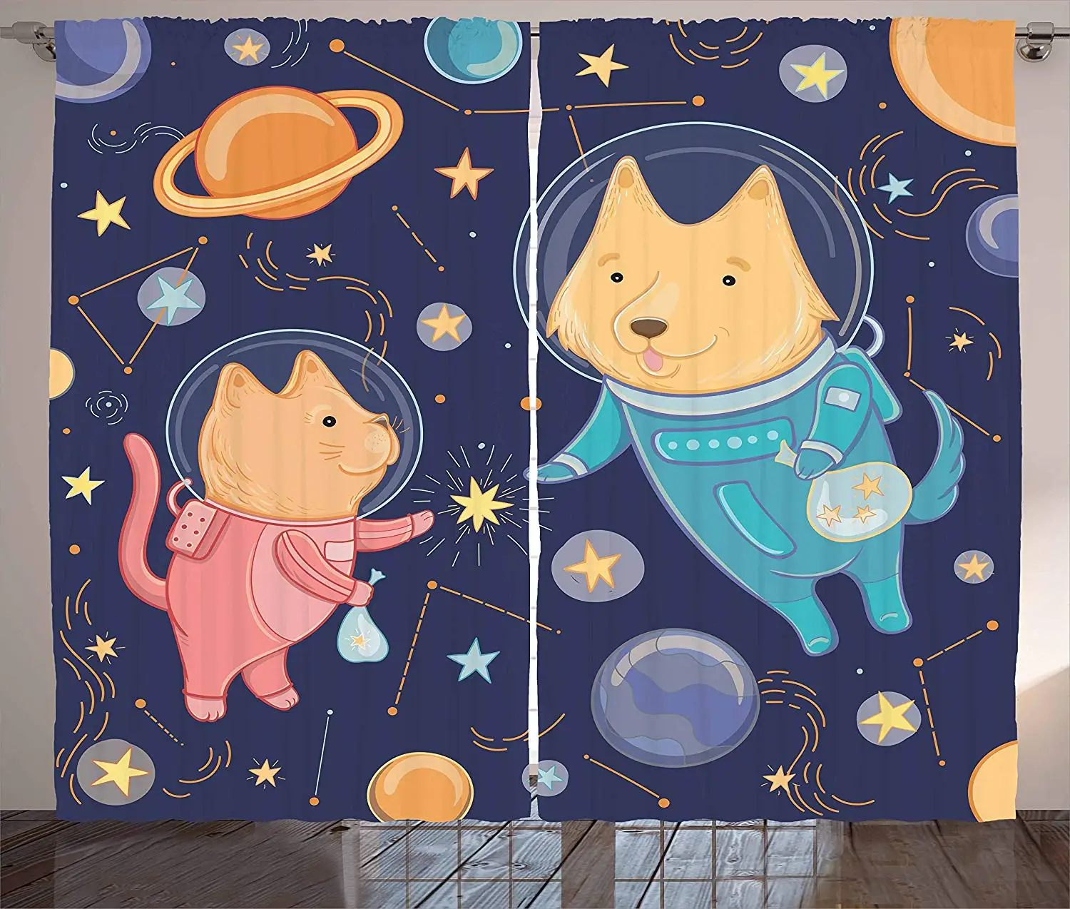Шторы "Космос" Пёс из мультфильма и супер-Кот плавающий среди звезд животных