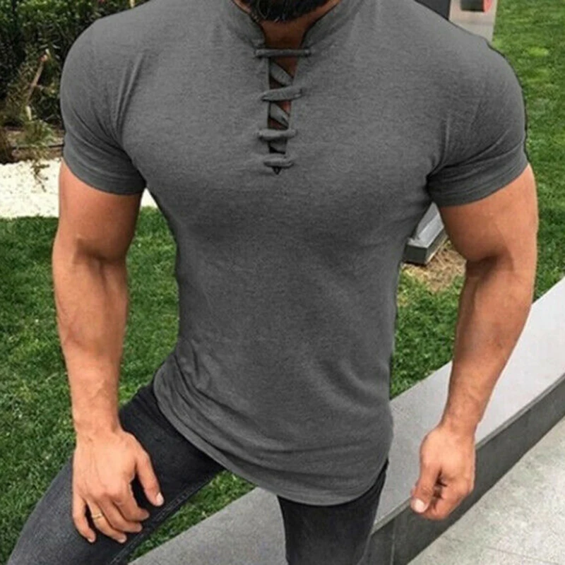 Men/'s Short Sleeve Shirts Casual Lace Up T-shirt Cotton Slim Fit Muscle Top Tops