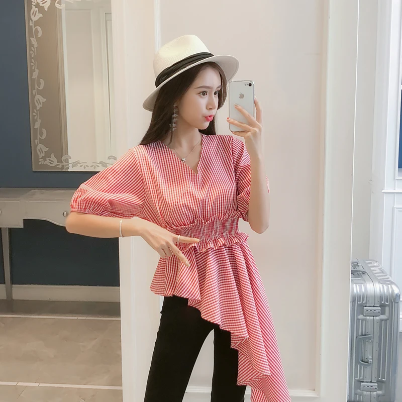2019 New Women Fashion Shirts V-neck Puff Sleeve Plaid Blouse Ruffles Peplum Shirt Irregular Tunic Ladies Tops Blusas Chemise
2019 New Women Fashion Shirts V-neck Puff Sleeve Plaid Blouse Ruffles Peplum Shirt Irregular Tunic Ladies Tops Blusas Chemise