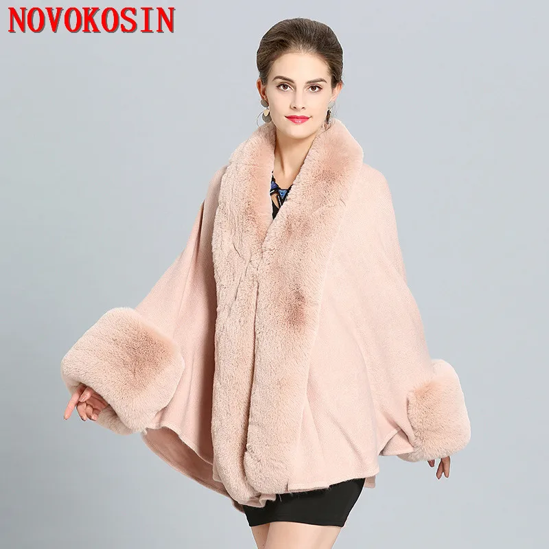 

11 Colors Long Faux Fox Fur Collar Poncho Coat Women Loose Cardigan Streetwear Winter Warm Thick Outwear Batwing Sleeves Cloak