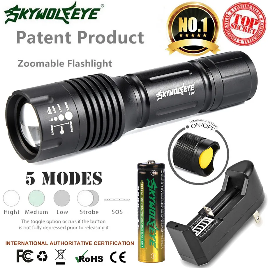 Skywolfeye Tactical Zoomable 5-Mode XMLT6 LED Flashlight Torch Light+18650+Charger Flashlight Dropshipping #1101
Skywolfeye Tactical Zoomable 5-Mode XMLT6 LED Flashlight Torch Light+18650+Charger Flashlight Dropshipping #1101
