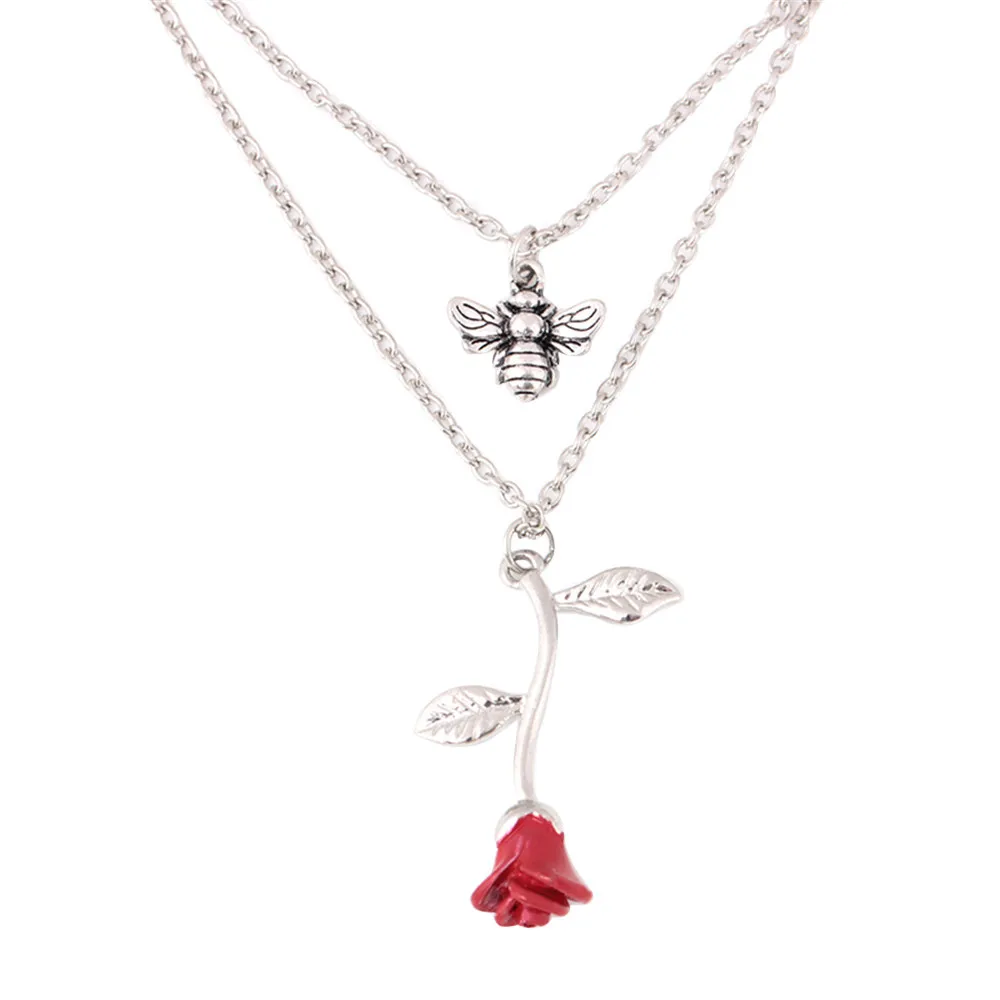 Women Boho Sytle Double-deck Alloy Honeybee Red Rose Pendant Necklaces Silver Clavicular Chain Jewelry Gift Bijoux Femme Collier
Women Boho Sytle Double-deck Alloy Honeybee Red Rose Pendant Necklaces Silver Clavicular Chain Jewelry Gift Bijoux Femme Collier