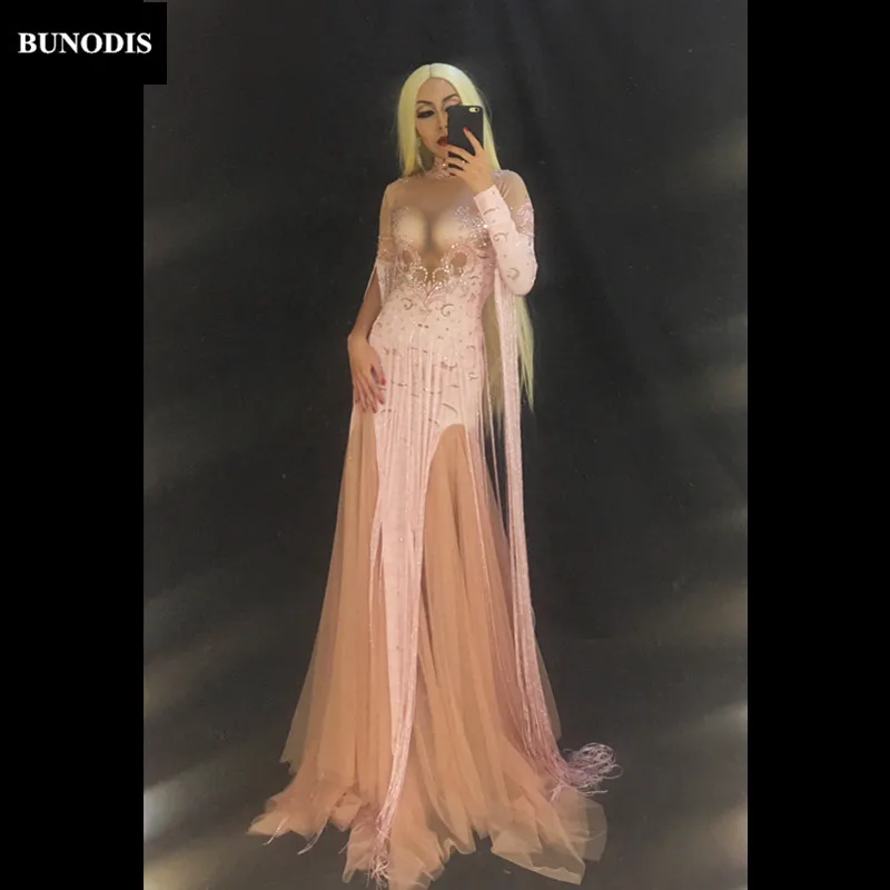 

ZD11503 Women Pink Tassel Spandex Long Skirt Sparkling Crystals Costume Nightclub Party Singer Dancer Performance Stage Wear