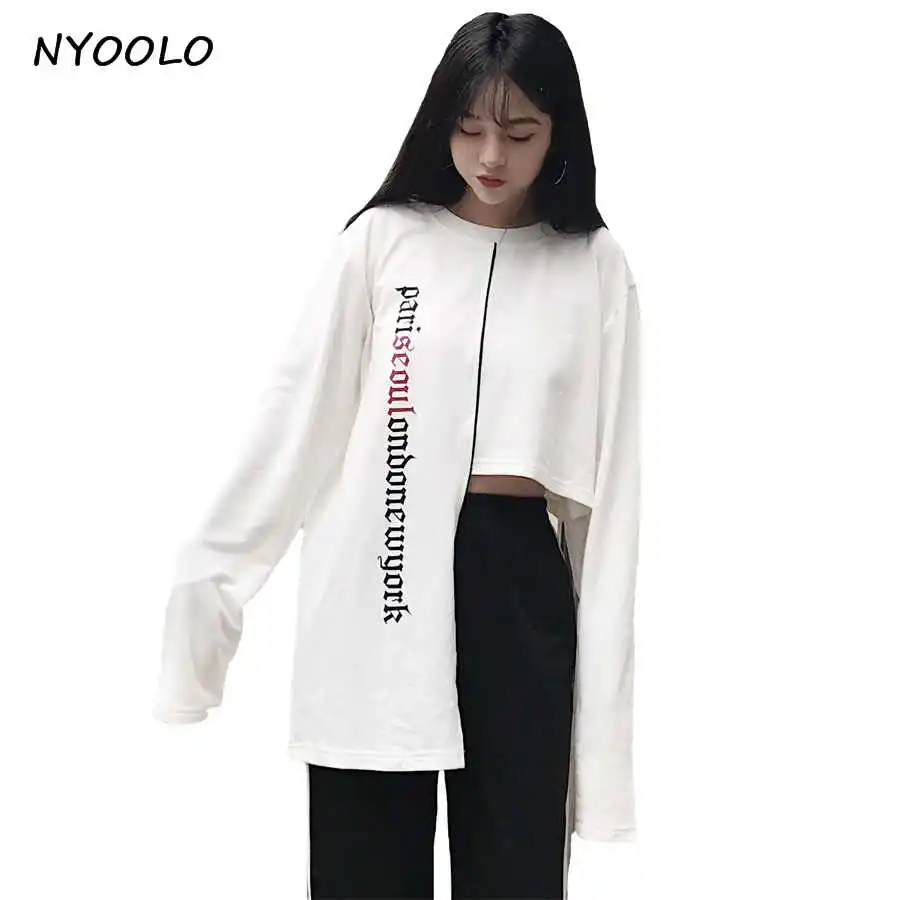 NYOOLO Novelty style streetwear fashion letters print tees irregular full sleeve casual T-shirt women clothing hip hop tops
NYOOLO Novelty style streetwear fashion letters print tees irregular full sleeve casual T-shirt women clothing hip hop tops