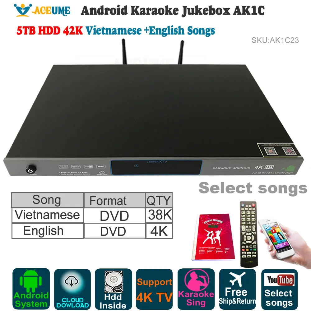 Android Cloud Karaoke Machine/Jukebox Player,5TB HDD 42K English(4K),Vietnamese(38K) Song,Cloud Download,YOUTUBÊ,Home KTV Sing
Android Cloud Karaoke Machine/Jukebox Player,5TB HDD 42K English(4K),Vietnamese(38K) Song,Cloud Download,YOUTUBÊ,Home KTV Sing