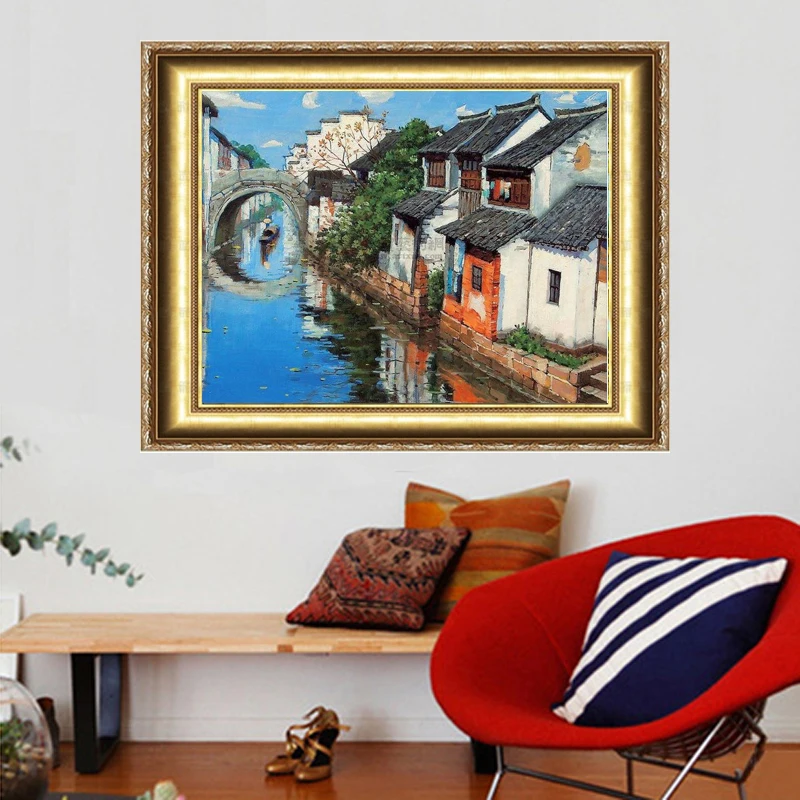

Рукоделие Diy Алмазная картина квадратная дрель полный горный хрусталь вышивка крестиком приклеенная картина китайский стиль водный городок 40x50 см