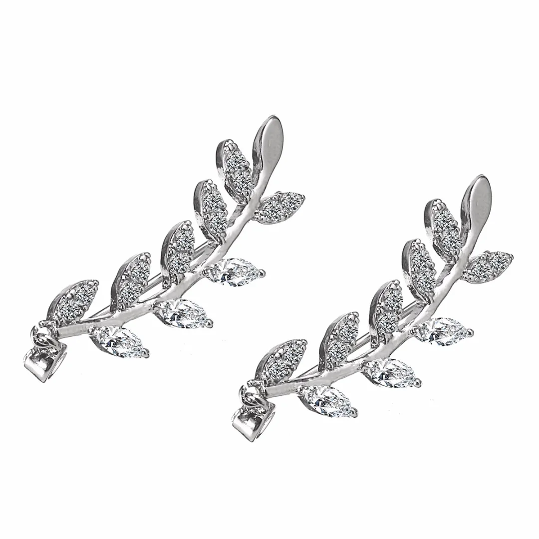 Charm Crystal Ear Sweep Wrap Climber Earrings 1 Pair Silver Leafs Cuff Earrings Piercing Pendientes Mujer Moda For Women Jewelry