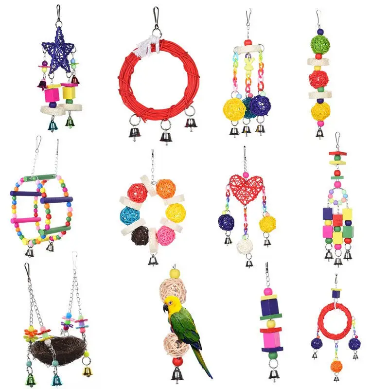 Mayitr Parrot Toys Pet Bird Bites Climb Chew Toy Hanging Cockatiel Parakeet Climb Chewing Cage With Bell Bird Toys Multi Styles