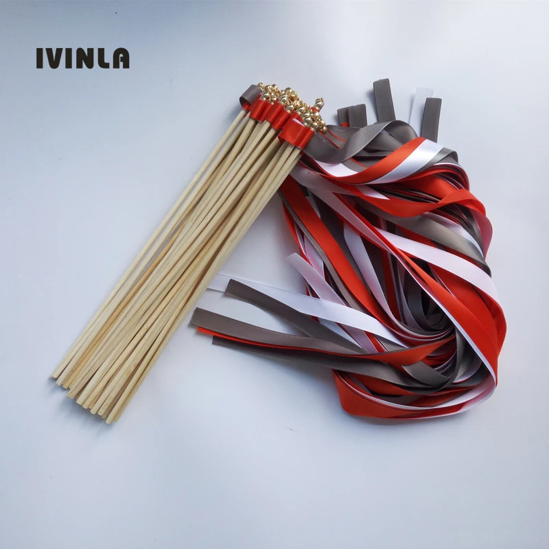 Hot selling 50pcs/lot grey orange and white wedding ribbon wands stick with gold bell for wedding party
Hot selling 50pcs/lot grey orange and white wedding ribbon wands stick with gold bell for wedding party