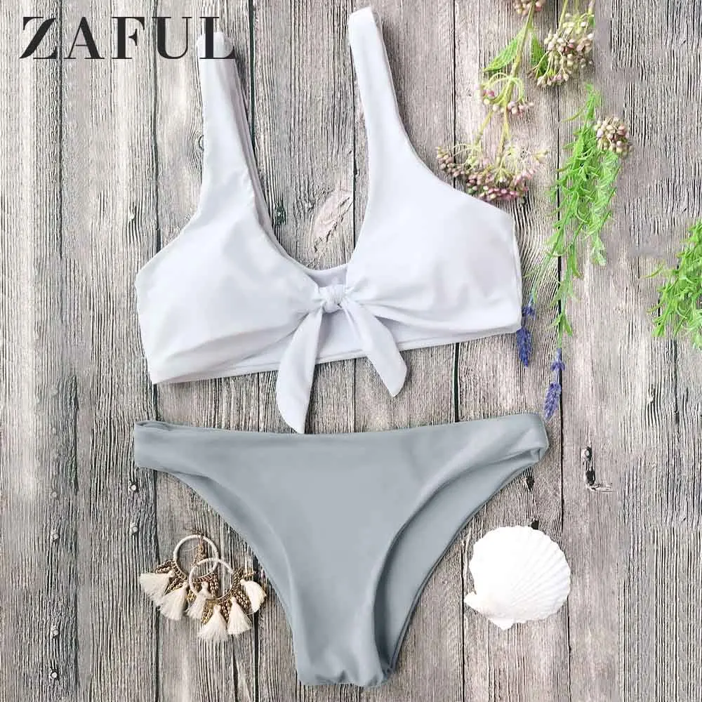 

ZAFUL Bikini Knotted Bralette Bikini Top And Bottoms Elastic Low Waisted Wire Free Swimwear Women 2019 Padded Push Up Swimsuit