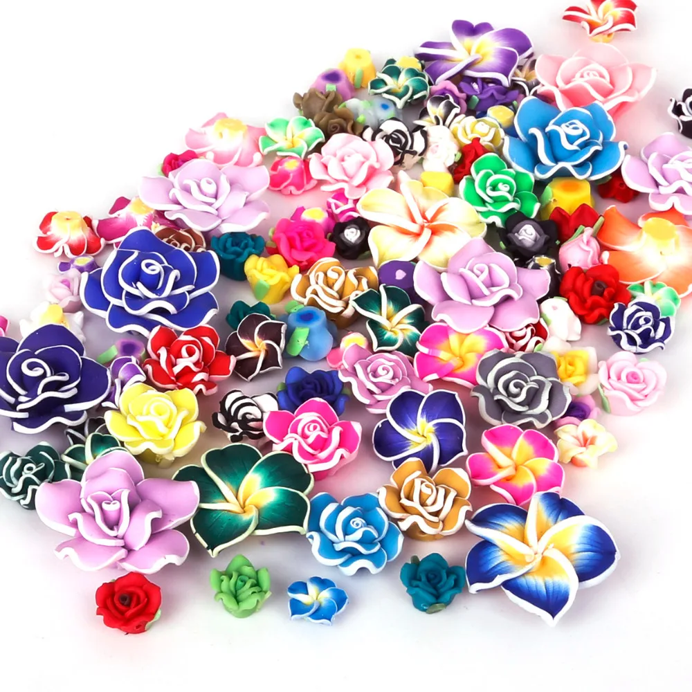 15Pcs Mixed Handmade Polymer Fimo Clay Flower Spacer Beads Charms 12mm