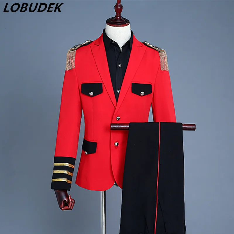 

Men England Style Military Suits Fashion Slim Red Court Palace Dress Stage Costume Formal Prom Singer Host Performance Clothing