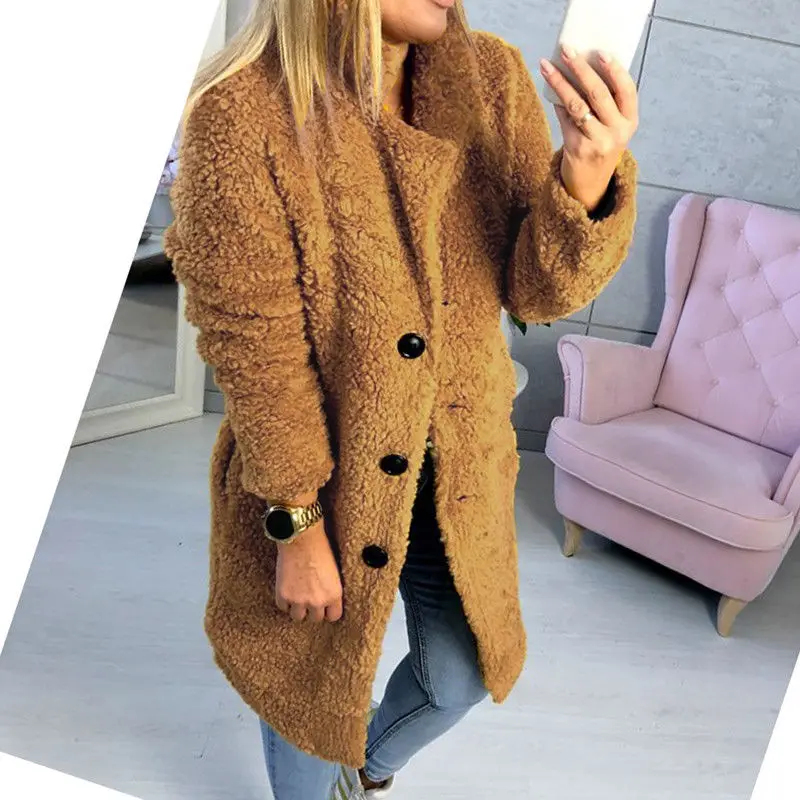 Фото New Style Women Trench Fashion Solid Women's Fleece Fur Outerwear Tops Winter Warm Button Fluffy Coat | Женская одежда