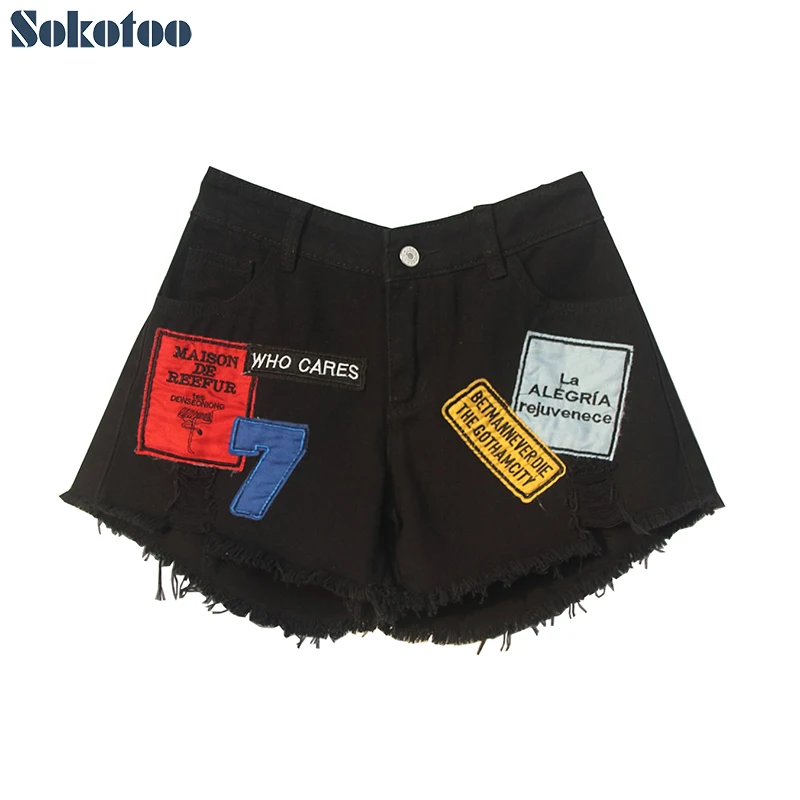 Sokotoo Women's summer patchwork fringe jean shorts Plus size black white denim letters holes ripped jeans
Sokotoo Women's summer patchwork fringe jean shorts Plus size black white denim letters holes ripped jeans