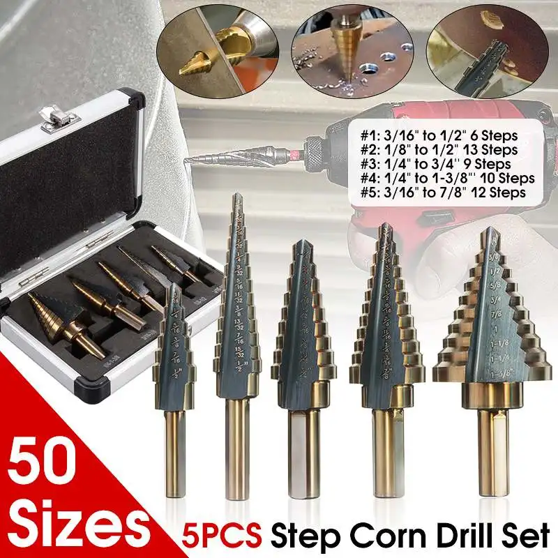 DOERSUPP Durable 5pcs/Set HSS COBALT MULTIPLE HOLE 50 Sizes STEP DRILL BIT SET With Aluminum Case
DOERSUPP Durable 5pcs/Set HSS COBALT MULTIPLE HOLE 50 Sizes STEP DRILL BIT SET With Aluminum Case