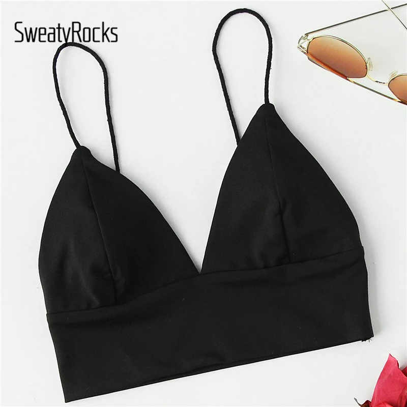 

SweatyRocks V-neckline Crop Cami Top 2018 New Arrival Summer Spaghetti Strap Sexy Woman Crop Top Slim Fit Plain Camisole