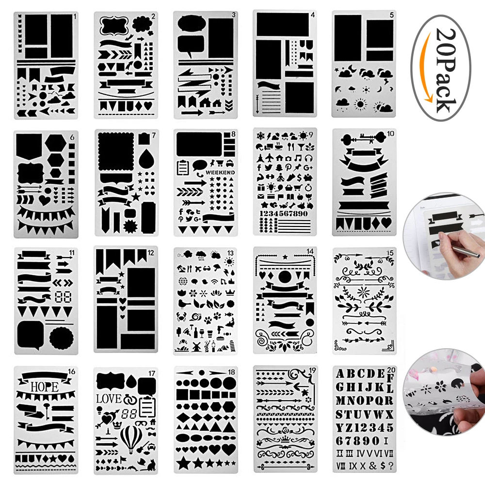 Bullet Journal Stencil Set 12/20 Pcs Plastic Planner DIY Drawing Template for Diary Notebook Scrapbook Craft cutting dies
Bullet Journal Stencil Set 12/20 Pcs Plastic Planner DIY Drawing Template for Diary Notebook Scrapbook Craft cutting dies