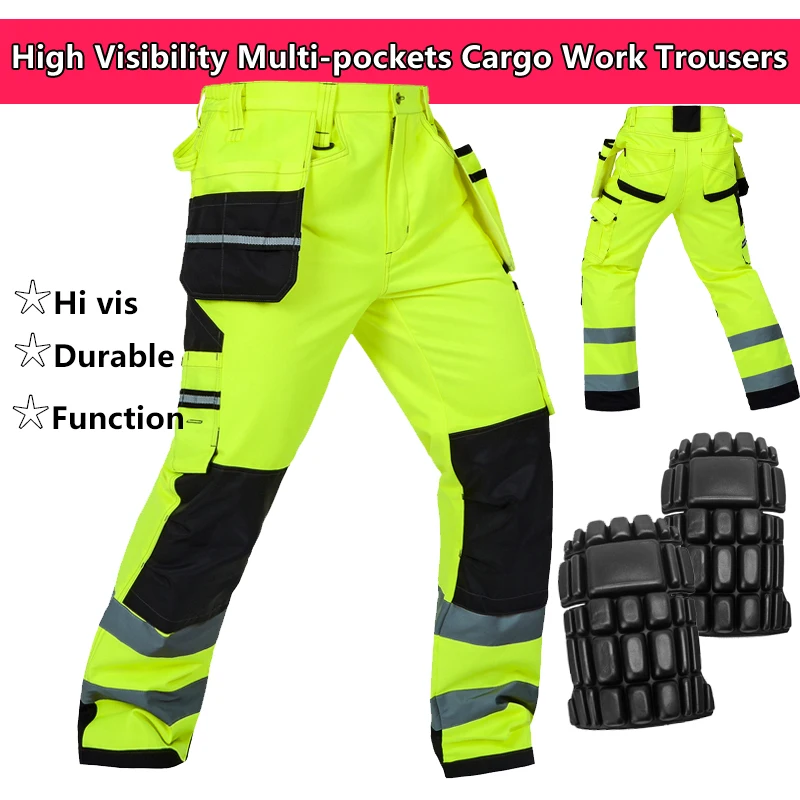 NEW UNISEX HI VIZ VIS SAFETY WORKWEAR COMBAT KNEEPAD POCKETS TROUSERS PANTS