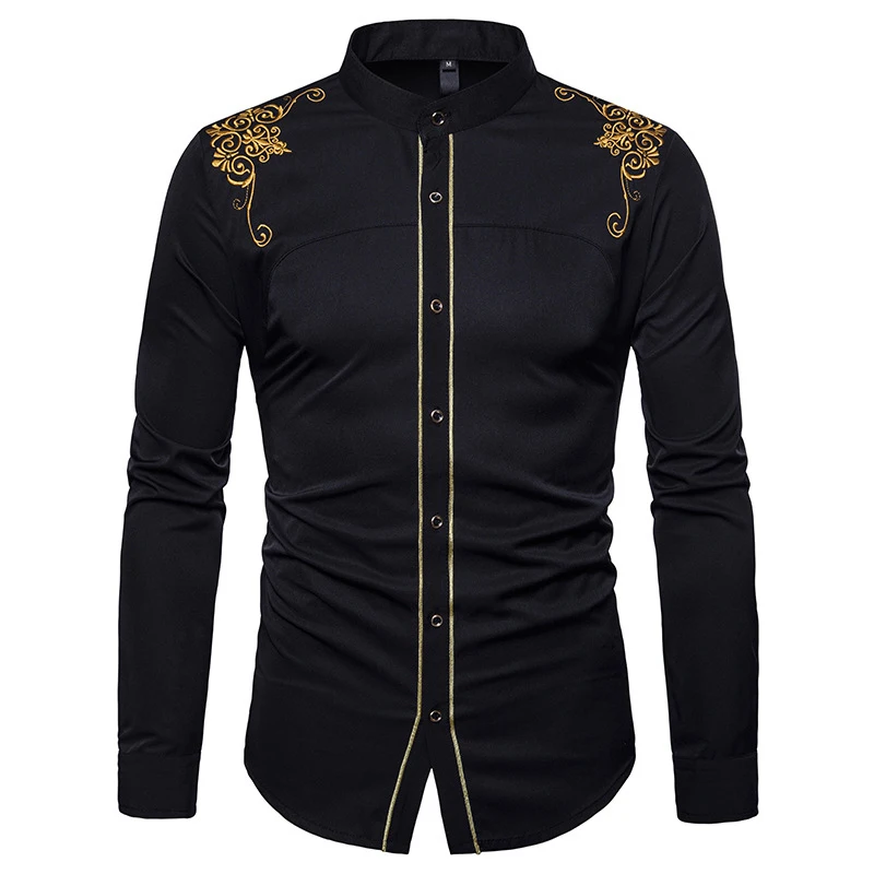 Stand Collar Mens Dress Shirts 2018 Brand New Gold Flower Embroidery Chemise Homme Casual Button Down Long Sleeve Slim Fit Shirt
Stand Collar Mens Dress Shirts 2018 Brand New Gold Flower Embroidery Chemise Homme Casual Button Down Long Sleeve Slim Fit Shirt