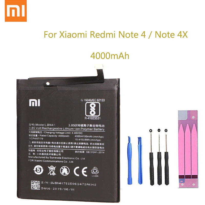 Xiao Mi Phone Battery BN41 For Xiaomi Redmi Hongmi Note 4 / Note 4X MTK Helio X20 4000mAh Original Replacement Battery + Tool
Xiao Mi Phone Battery BN41 For Xiaomi Redmi Hongmi Note 4 / Note 4X MTK Helio X20 4000mAh Original Replacement Battery + Tool