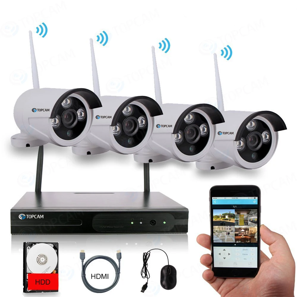 Камера видеонаблюдения TOPCAM 4 канала HD беспроводная NVR P2P 720P водонепроницаемая