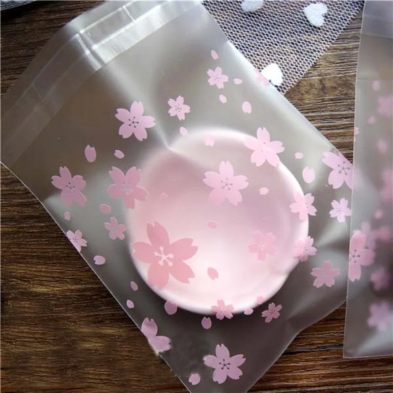 

100pcs Light Pink Plastic Bags Cherry Blossom Self-adhesive Party Frosted Cellophane Bag, Self Seal Party Packaging Cookie Bags