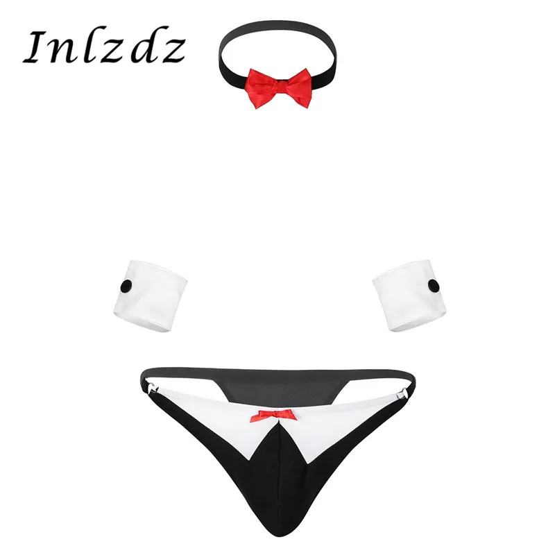 Mens Lingerie Underwear 3Pcs Butler Bow Tie Tuxedo Thong G-string Briefs with Collar and Bracelets Hot Sexy Exotic Male Panties
Mens Lingerie Underwear 3Pcs Butler Bow Tie Tuxedo Thong G-string Briefs with Collar and Bracelets Hot Sexy Exotic Male Panties