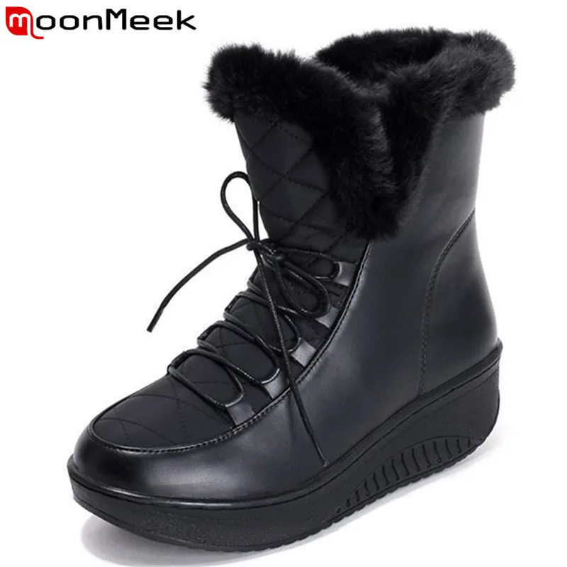Image 2015 new Snow Boots platform women winter shoes waterproof ankle boots lace up fur boots white black