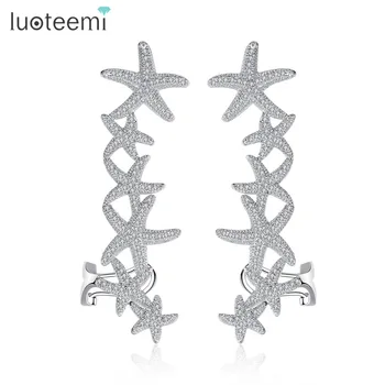 

LUOTEEMI Brand Starfish Stud Earrings Micro Paved Shining Cubic Zircon 6pcs Stars Connect Ear Jacket for Women Girl Party Gift