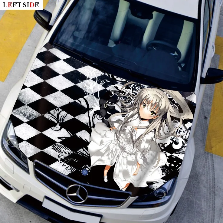 Фото Левая сторона автомобиля стикеры аниме черно-белая клетка леди капот