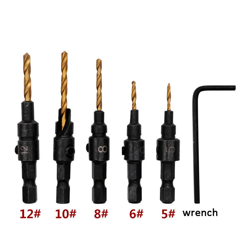 5pcs Countersink Drill Bit Woodworking Drill Bit Set Drilling Pilot Holes For Screw Sizes #5 #6 #8 #10 #12 with 1 Hex Key Wrench
5pcs Countersink Drill Bit Woodworking Drill Bit Set Drilling Pilot Holes For Screw Sizes #5 #6 #8 #10 #12 with 1 Hex Key Wrench