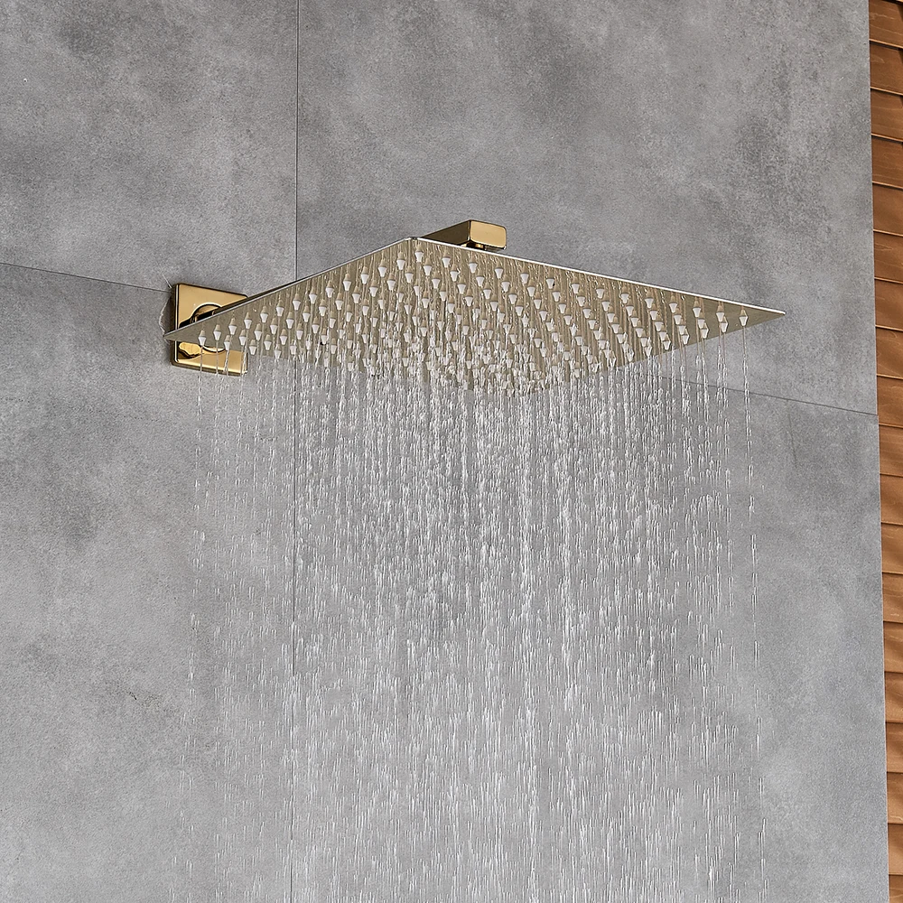 

Gold Polish 8"/10"/12" Square Rainfall Shower head Bathroom Ultrathin Rain Shower Head with Shower Arm Faucet Accessories