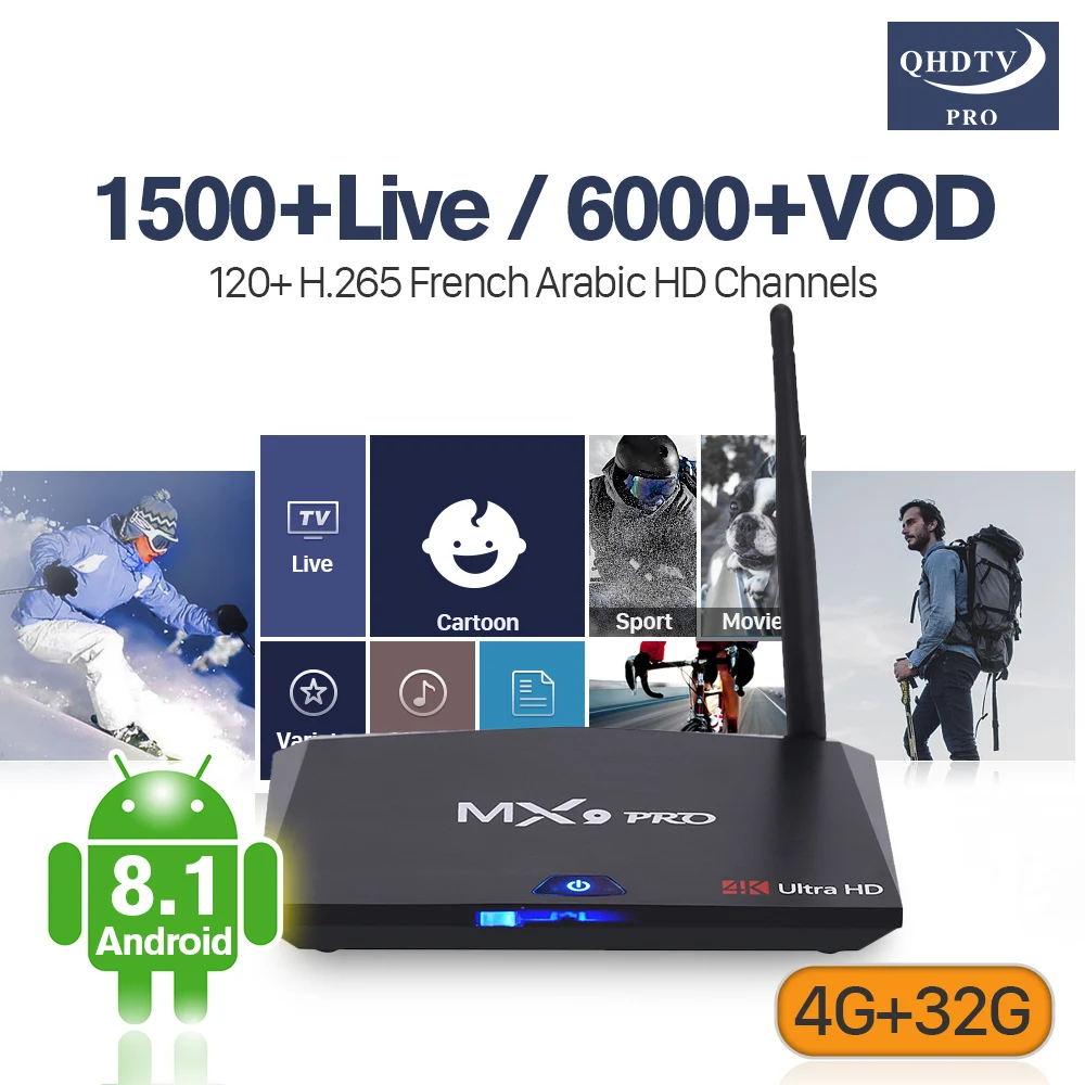 Box IP TV Code Arabic France Morocco MX9 Pro Android 8.1 Support BT Dual-Band WiFi 4G 32G H.265 Decoder Channels QHDTV Pro IP TV
Box IP TV Code Arabic France Morocco MX9 Pro Android 8.1 Support BT Dual-Band WiFi 4G 32G H.265 Decoder Channels QHDTV Pro IP TV