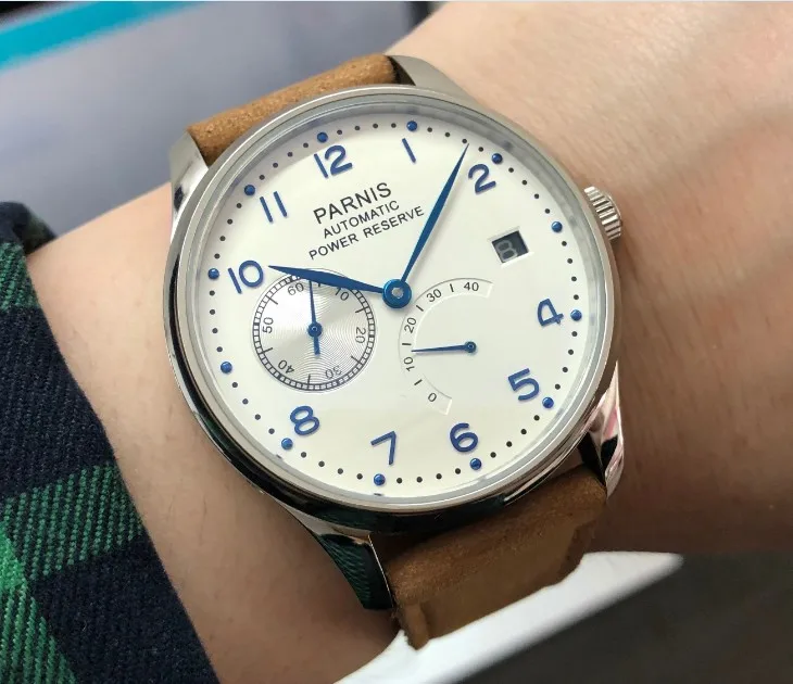 43mm PARNIS White dial power reserve Automatic Self-Wind Mechanical movement men's watch Cow leather watch strap pa126-p8
43mm PARNIS White dial power reserve Automatic Self-Wind Mechanical movement men's watch Cow leather watch strap pa126-p8