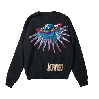 2019 Runway Winter UFO planet sequin letter pull pullovers female sweater jumper Long Sleeve Women Loose Sweater Knitted Clothes