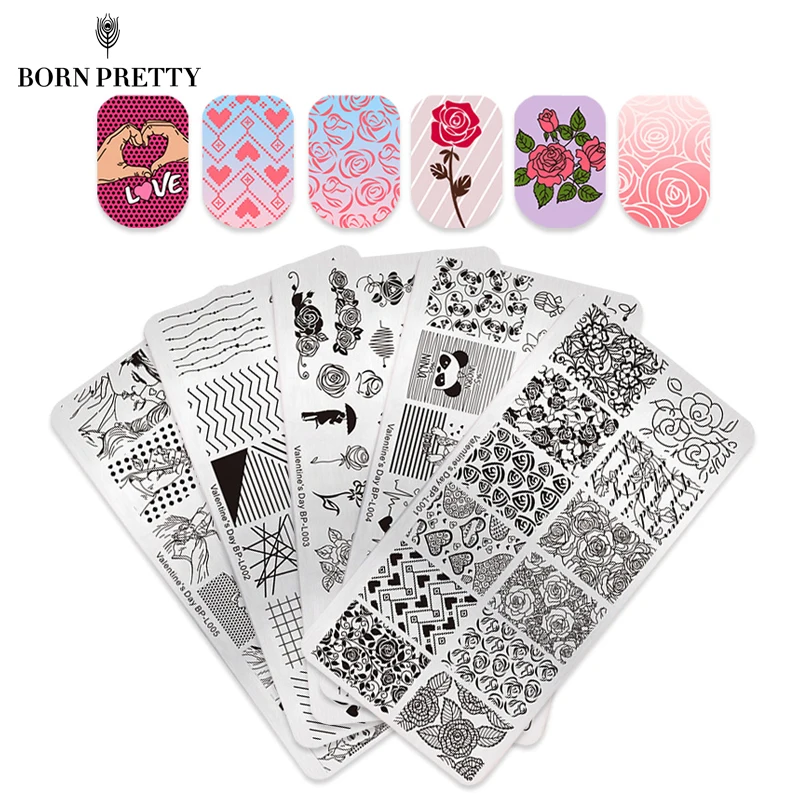 

BORN PRETTY 5 Pcs Valentine's Day Nail Stamping Plate Set Rose Flower Love Rectangle Template Nail Art Image Plate